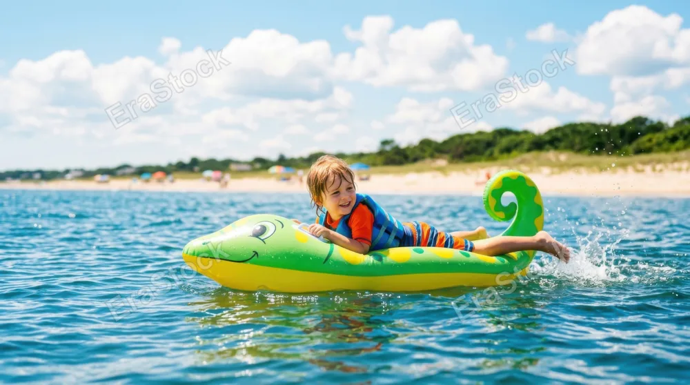 Child floating on a bright inflatable raft shaped like a whimsical creature, surrounded by sparkling azure waves, sandy shoreline blurred in background, clear sunny day