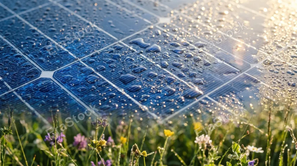 Close-up of solar panel surface with water droplets catching morning sunlight, intricate grid pattern of photovoltaic cells creating luminous blue geometric texture, dewy