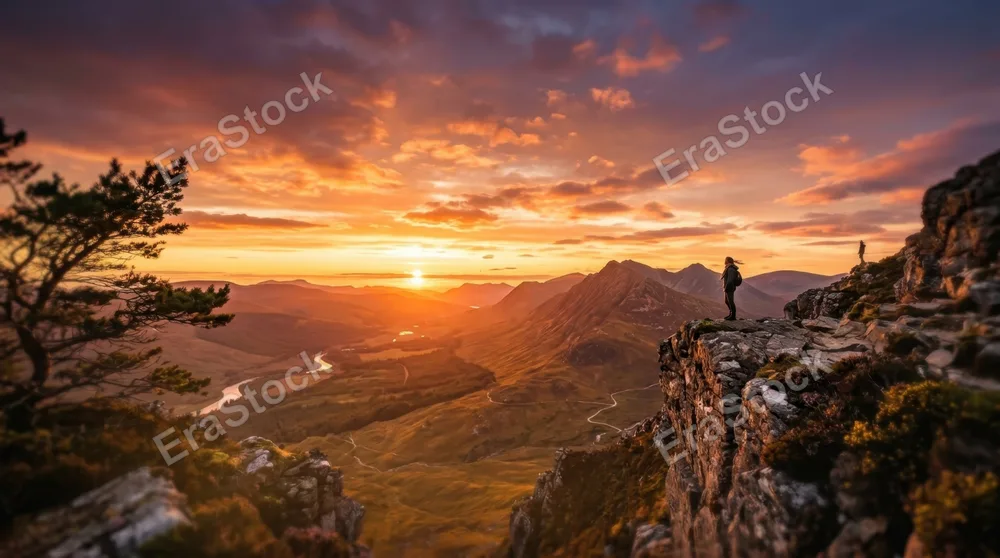 A solitary figure stands on a rocky cliff edge overlooking a vast landscape as the sun dips below the horizon, casting golden and crimson light across scattered clouds,