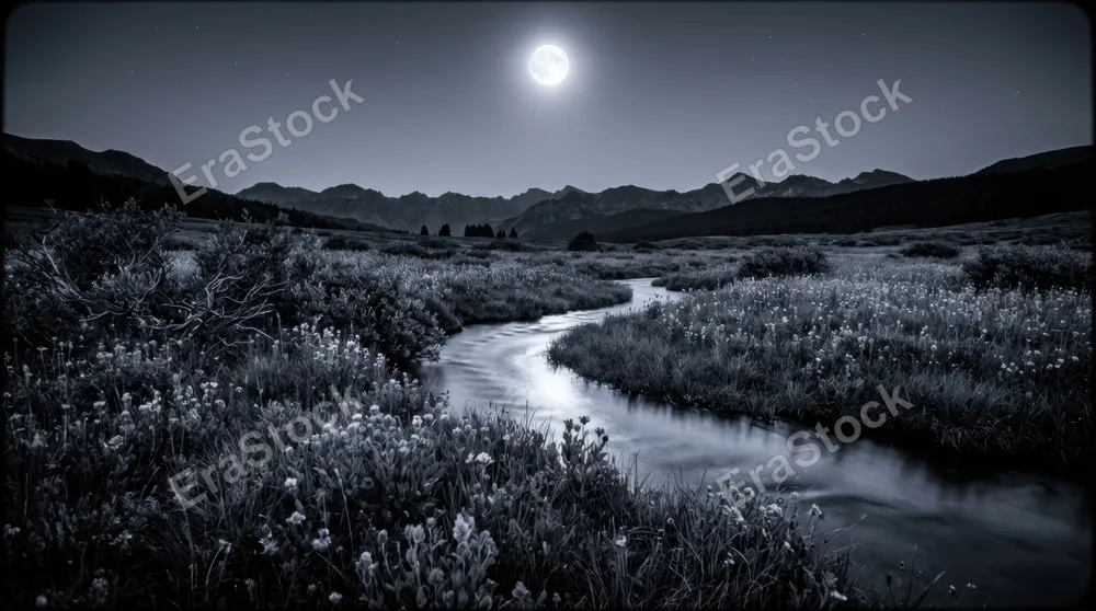 A high-altitude meadow at 3am under a full moon, the meadow lit in cool silver-blue, wildflowers appearing monochrome, a running stream reflecting the moonlight, mountains as dark silhouettes, the
