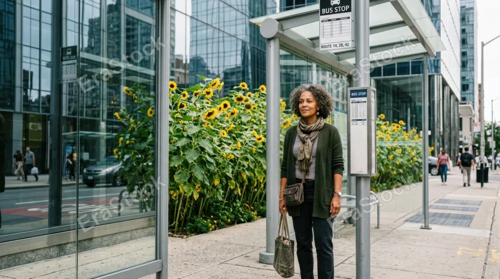 a 50-year-old mixed-race female commuter stands calmly at a bus stop, framed within a vibrant backdrop of towering sunflowers that starkly contrast with the surrounding