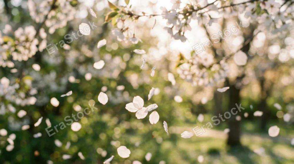Delicate white cherry blossom petals cascading through sunlit air, soft focus background of blurred green foliage, individual petals in various stages of descent, warm
