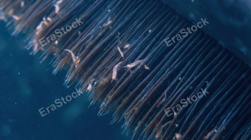 Blue whale baleen plate detail, keratin fringes filtering krill from seawater, parallel fringe alignment at macro scale, largest animal's smallest food-capture mechanism visible in one frame,