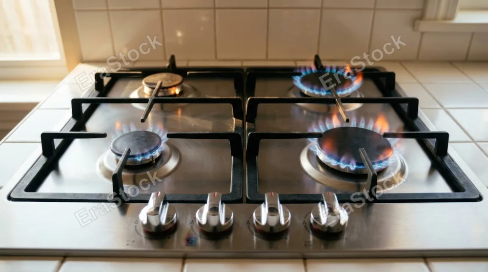 Modern gas range with four burners at different ignition stages, flames ranging from pilot light glow to full heat, chrome knobs sharp in foreground, white ceramic tiles