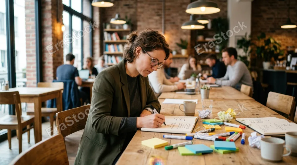 from a distinct side angle, the project leader is seen immersed in the brainstorming session. the tall communal table supports her creative environment, with scattered