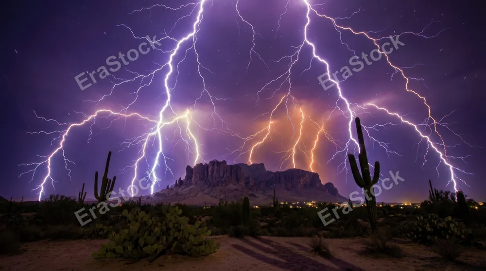 A desert night storm with 12 simultaneous lightning bolts recorded in a single long exposure, branching bolts illuminating a vast mesa landscape from multiple angles, each bolt casting its own shadow,