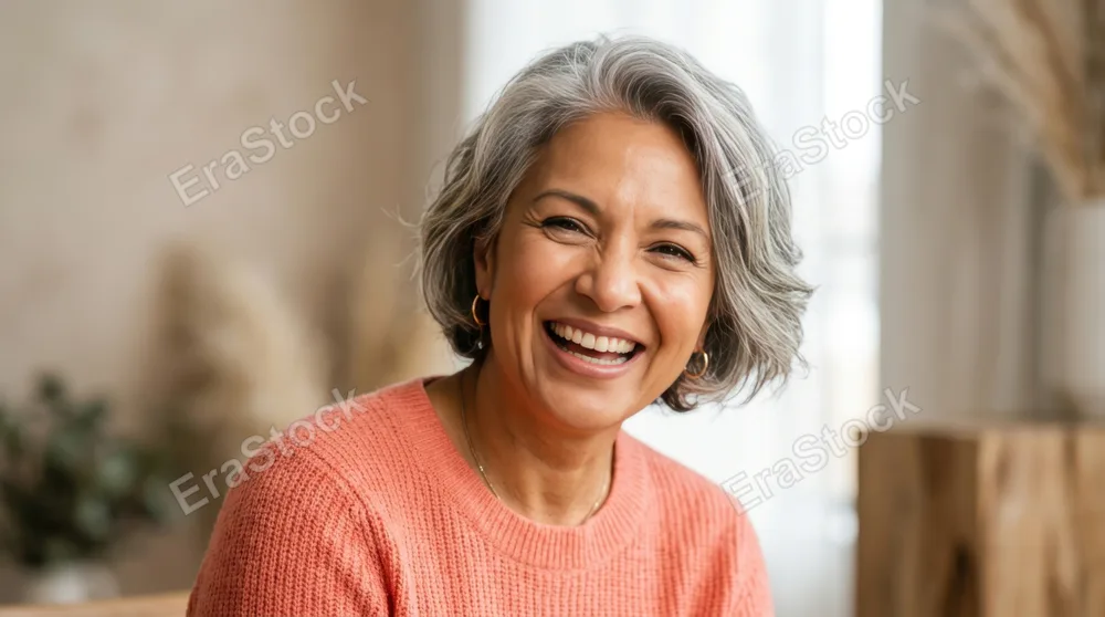 Mature woman with grey highlighted hair and radiant genuine smile, warm-toned skin catching diffused studio light, subtle laugh lines framing mouth and eyes showing