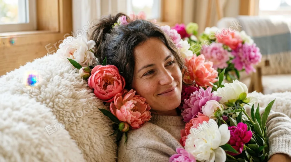 a close-up of the advocate's relaxed expression as she lounges on the fluffy cloud sofa, surrounded by colorful peonies that frame her visage. the soft sunlight captures