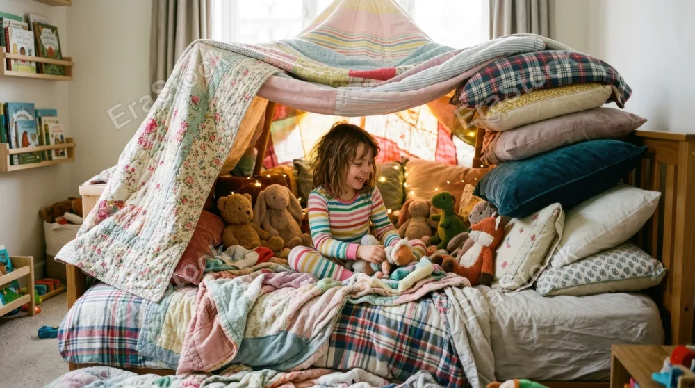 Child building a colorful fort with blankets and cushions on a bed, pillows stacked creatively, stuffed animals arranged inside the cozy hideaway, warm indoor lighting