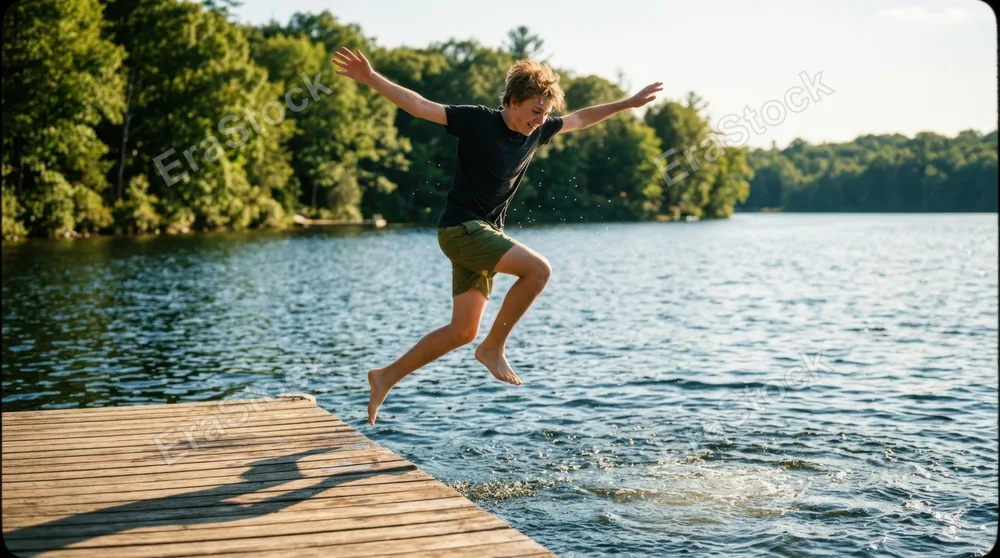 A young person mid-leap off a wooden pier, arms spread wide, captured mid-air above sparkling blue water, sun-dappled surface below, feet still above the dock's edge,