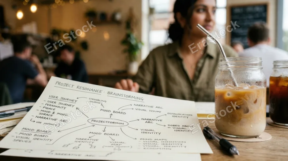 a close-up shot focuses on printed notes and stylish cold brews, capturing the texture and detail of the creative brainstorming session. the smiling south asian female