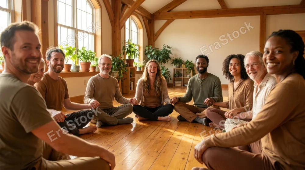 Multiethnic group of eight people sitting in a circle on a wooden floor in a bright community center, holding hands, smiling genuinely at camera, sunlight streaming