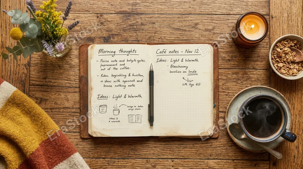 an overhead angle shot of the table, where a steaming cup of coffee and an open notebook rest amongst the setting of the cozy cafe. the composition focuses on the vibrant