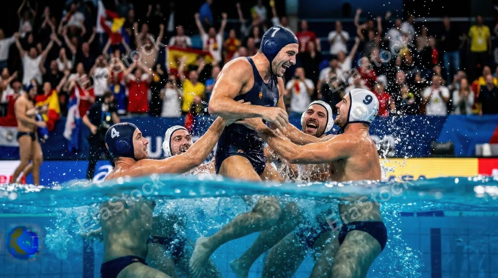 Victory celebration moment as water polo athletes lift winning goal scorer from pool, water cascading off bodies and uniforms, translucent splash details frozen in time,