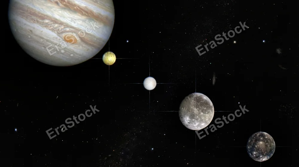 Galilean moons of Jupiter in orbital configuration, Io's sulfur-yellow, Europa's icy white, Ganymede's grey cratered bulk, and Callisto's dark ancient surface visible as distinct world