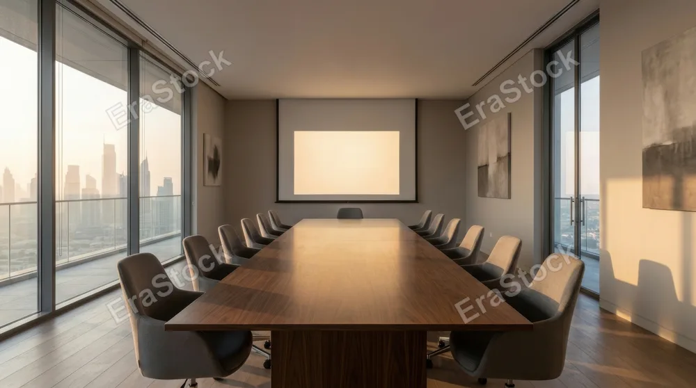 Modern conference room at dawn with floor-to-ceiling windows revealing a distant cityscape, long polished wooden table reflecting soft morning light, ergonomic chairs