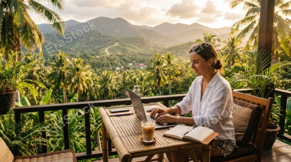 Digital nomad at outdoor bamboo desk on tropical balcony overlooking mountains and palm trees, typing on laptop with wireless mouse, notebook beside, cold beverage on