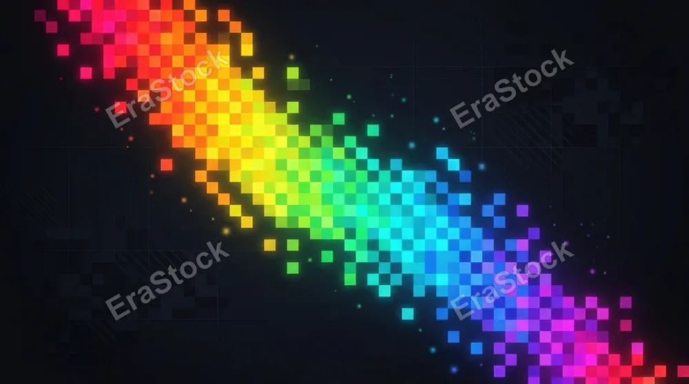 Abstract digital artwork featuring a vibrant pixel rainbow gradient flowing diagonally across a dark background, each color block transitioning smoothly from red through
