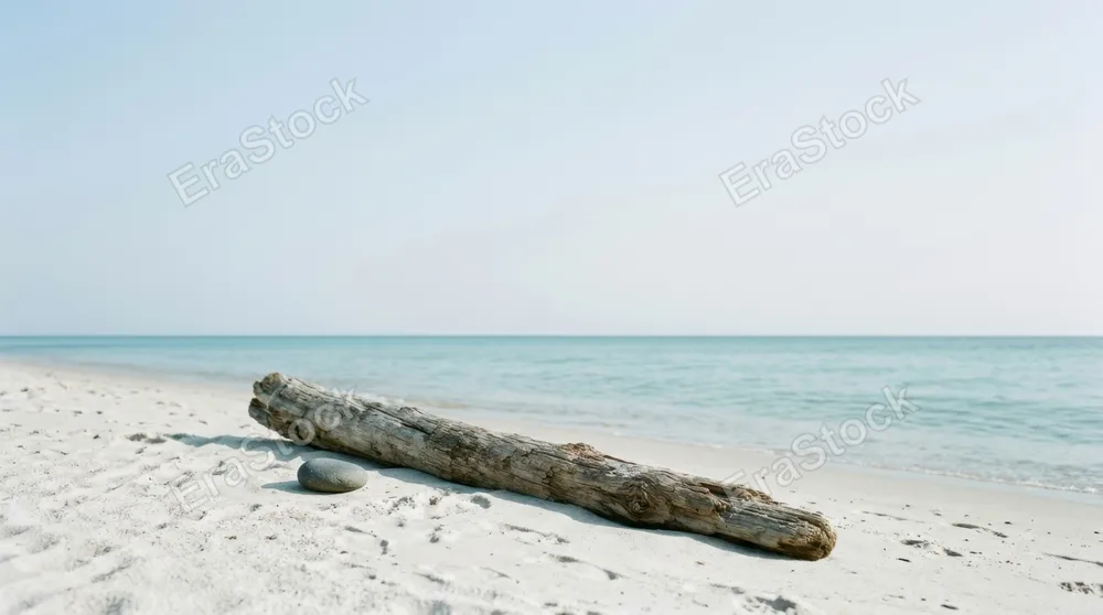 Lone driftwood log resting diagonally on pristine white sand near calm turquoise water, single smooth stone placed beside it, cloudless pale sky dominating the