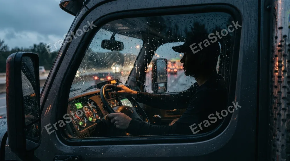 Night-shift truck driver silhouette visible through cabin window, red tail lights of vehicles ahead visible on dark highway, interior illuminated by dashboard and