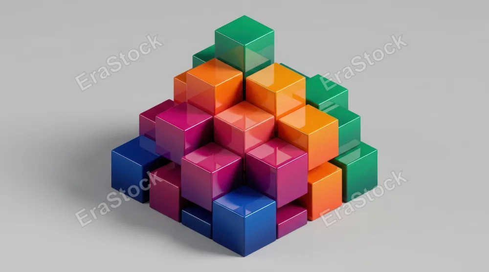 Stacked geometric cubes in vibrant gradient colors deep blue, magenta, orange, and emerald arranged in an isometric composition with sharp shadows cast beneath each block