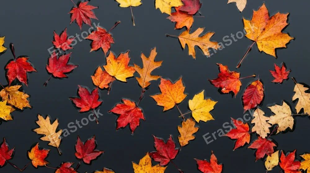 Aerial macro of autumn leaves floating on perfectly still dark water surface, vivid scarlet and saffron leaves arranged in an organic scatter pattern, each leaf casting a