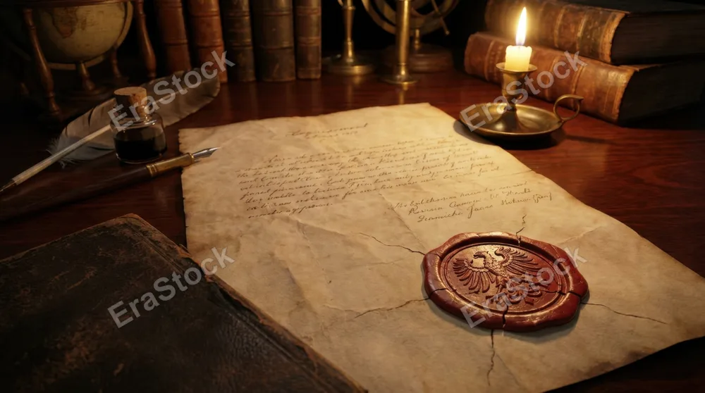 Close-up of an open historical document with intricate seal, vintage handwriting, and official markings, leather-bound cover partially visible, quill pen and inkwell
