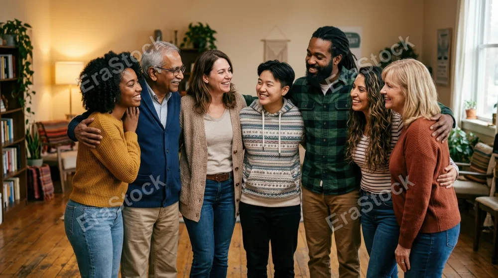 Mixed group of people in a supportive huddle with arms around one another's waists and shoulders, standing together indoors in a safe space with soft ambient lighting,