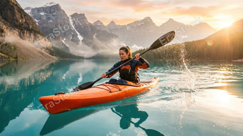 Fit kayaker paddling through turquoise mountain lake at golden hour, water droplets spraying from paddle mid-stroke, wake rippling behind the vessel, misty peaks