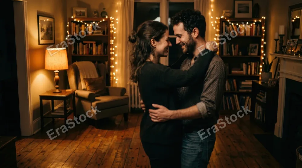 Two people dancing slowly in a cozy living room dimly lit by fairy lights and a table lamp, silhouettes intertwined in soft focus background, warm amber tones dominating