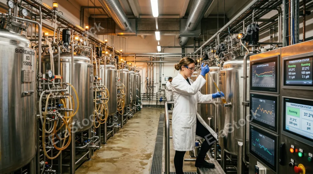 Precision fermentation bioreactor room, tall cylindrical stainless steel vessels connected by a web of transparent tubing, golden liquid flowing through pipes, digital control panels displaying