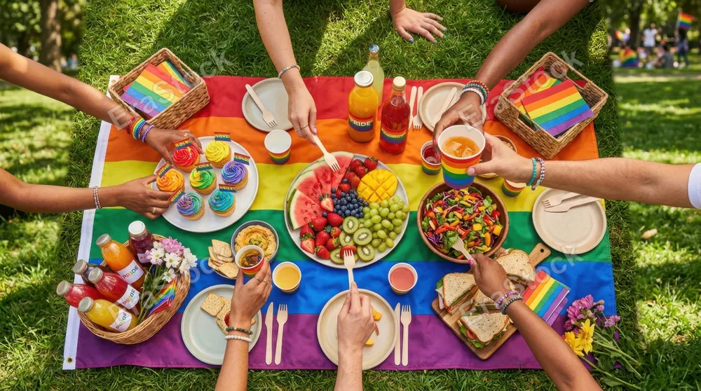 Overhead view of a vibrant Pride-themed picnic spread with rainbow-decorated cupcakes, colorful fruit arrangements, pride flag blankets, and diverse hands reaching toward