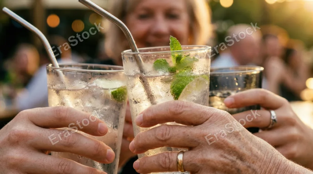 a close-up of the manager's hand holding her glass, capturing the refreshing cold drink clinking against her colleagues' glasses in a toast. the shot focuses on the