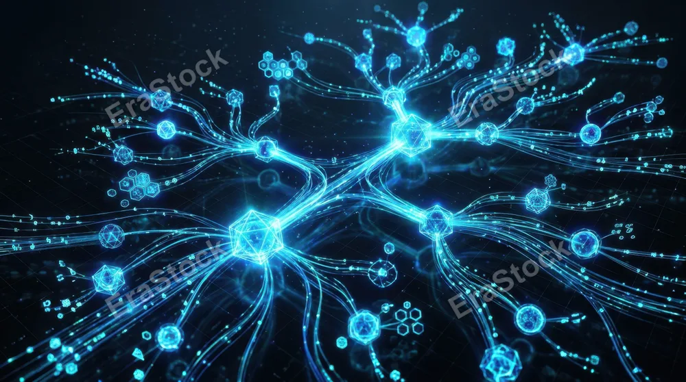 Abstract network diagram with glowing interconnected nodes and flowing data streams, luminous lines branching across dark space, nodes pulsing with electric blue and cyan