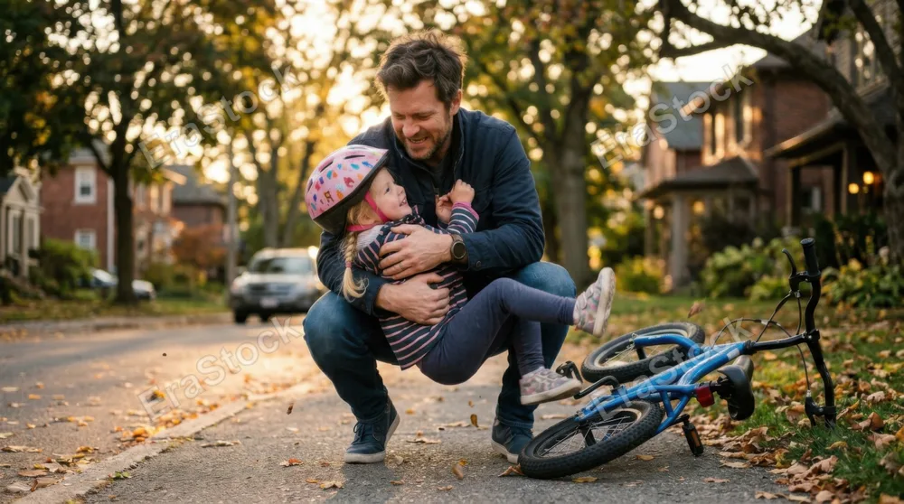 A father catches his young child mid-fall from a bike, strong hands firmly supporting the child's torso, protective embrace freezing the moment of rescue, genuine relief