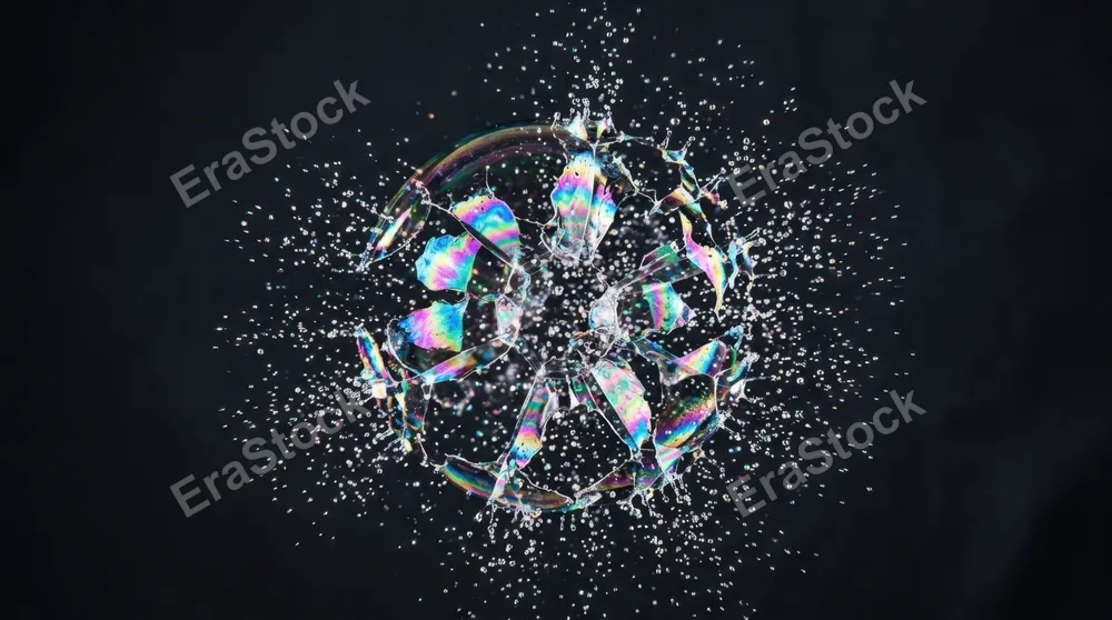 Macro shot of a soap bubble at the precise moment of rupture, the iridescent membrane fragmenting into thousands of microscopic droplets fanning outward in a perfect