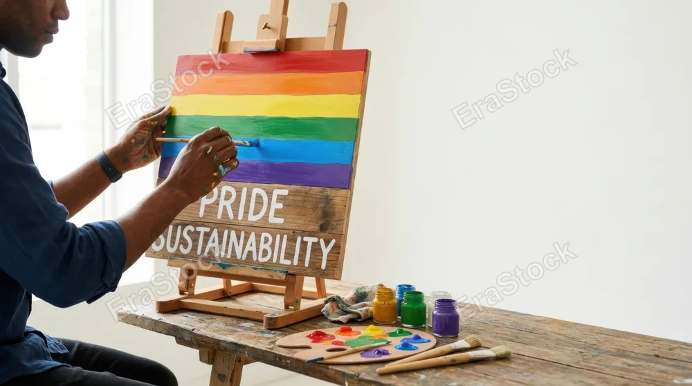 a graphic commercial shot captures the artist's hands strategically positioned as he paints the vibrant pride sign, with ample negative space around him for potential