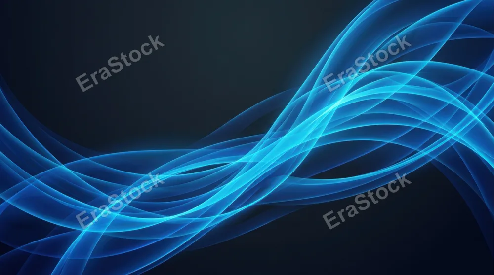 Abstract flowing composition with smooth blue gradient lines sweeping across a dark background, creating waves and curves that intersect and overlap, soft light edges