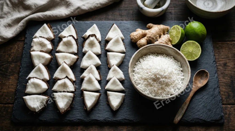 Sectioned coconut pieces arranged in neat rows on a slate board alongside fresh ginger root and limes, fine shredded white coconut meat piled in a ceramic bowl, wooden