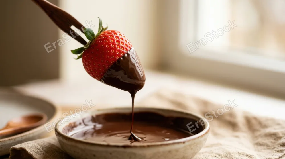 A close-up of a strawberry being dipped halfway into dark melted chocolate, the moment frozen just as it lifts clear, a thin drizzle thread stretching and about to break, tiny seeds on the strawberry