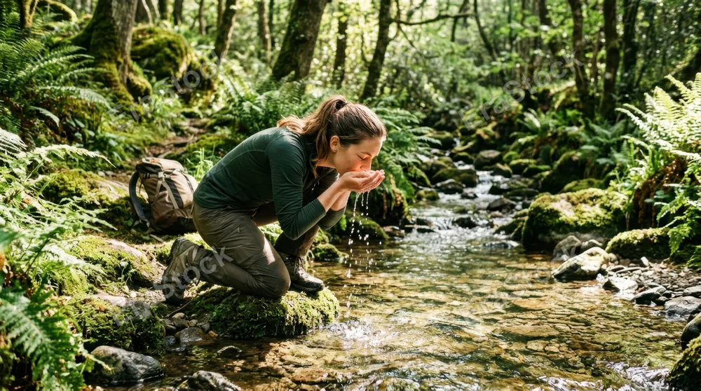 A hiker pauses on a mossy forest trail, kneeling beside a crystal-clear stream, cupping fresh cold water to drink directly from nature, sunlight filtering through dense