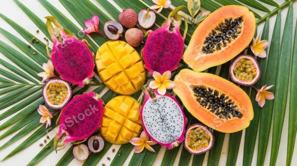 A flat lay of tropical fruits arranged artistically on a palm leaf, papaya, mango, dragon fruit, lychees and passion fruit all halved to reveal their vivid interiors, the composition a riot of