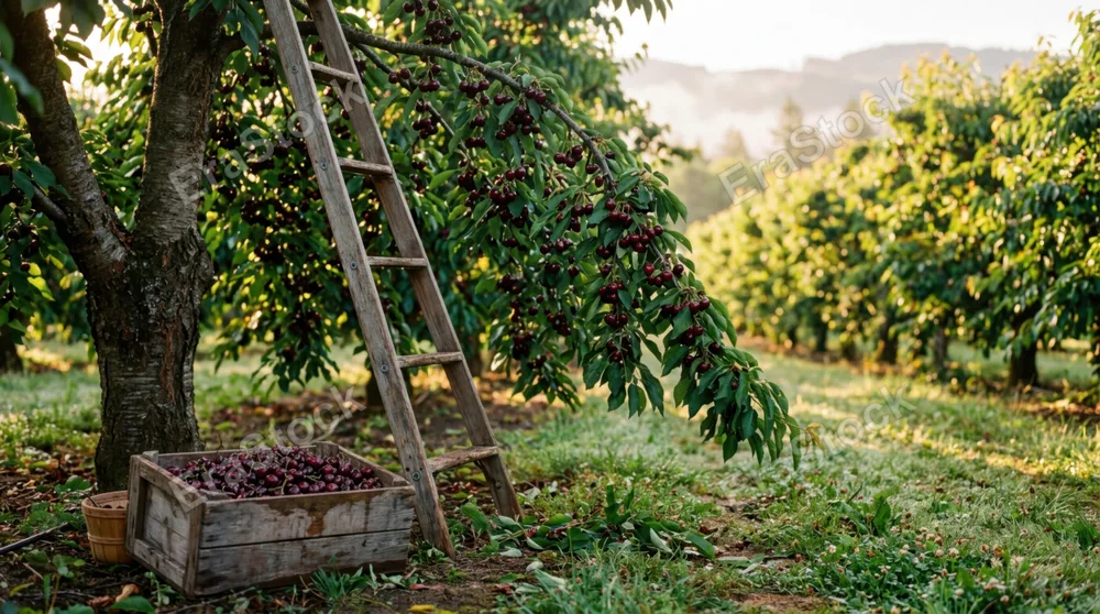 A late spring cherry farm just before harvest, trees heavy with ripe dark cherries so dense the branches bend, a picker's ladder leaning against one trunk, a full wooden crate in the foreground,