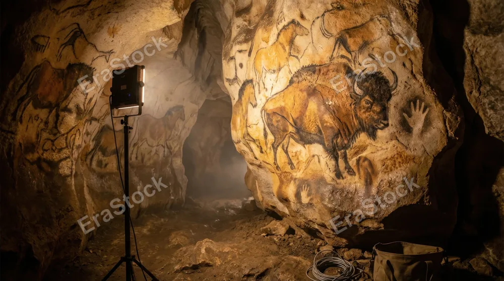 Prehistoric cave art site accessed by a narrow passage, a research photographer's light panel illuminating ochre and charcoal animal figures painted on uneven limestone surfaces, a bison charging