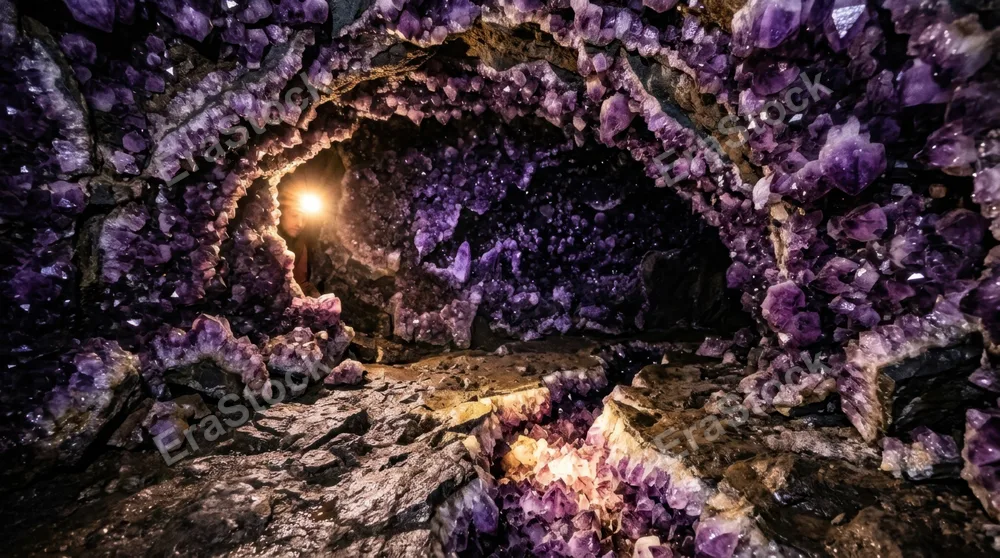 Cave geode chamber with amethyst crystals lining the walls and ceiling, the violet crystals in every size from thumbnail to 40cm, lit by a single warm source creating deep purple shadows in the