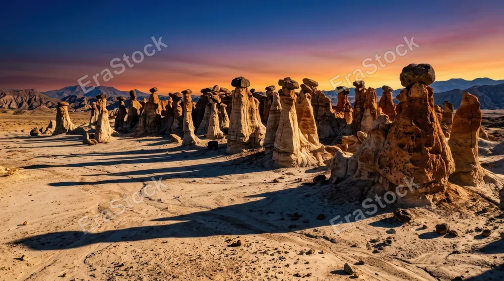 An alien-like landscape of fairy chimneys and hoodoo rock formations in a remote desert, wind-eroded spires topped with darker capstone boulders rising twenty meters from