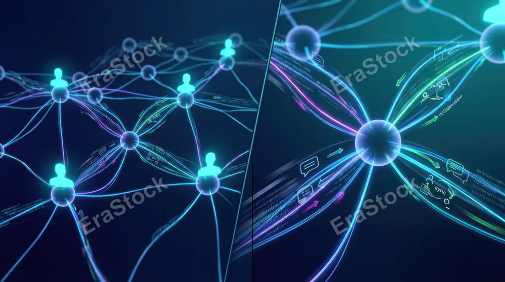 Split-screen digital visualization showing network nodes connected by glowing lines forming an organic web pattern, abstract human silhouettes at connection points