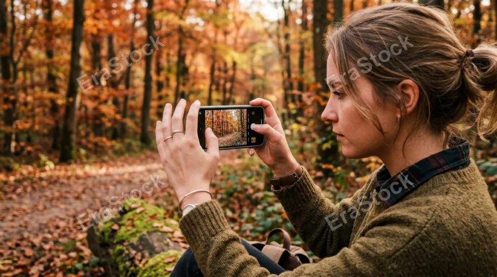 Young adult's hands expertly framing a forest scene through a smartphone camera, autumn foliage in warm orange and red tones visible both in the viewfinder and around the