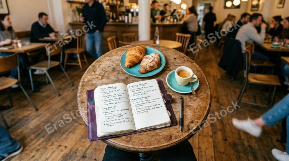 a distinct overhead angle of the small, round table with the entrepreneurs performance notes, espresso, and croissants framed within the composition. the bustling cafe
