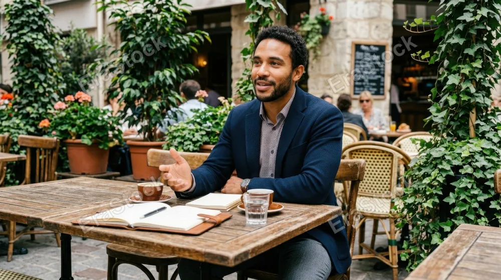 from a low angle, the cafe meeting scene presents the 32-year-old mixed-race male consultant at a charming rustic wooden table, surrounded by greenery. the natural light